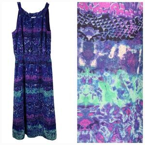 Chico's Blue Watercolor Sleeveless Halter Chiffon Dress Colorful Knee Length